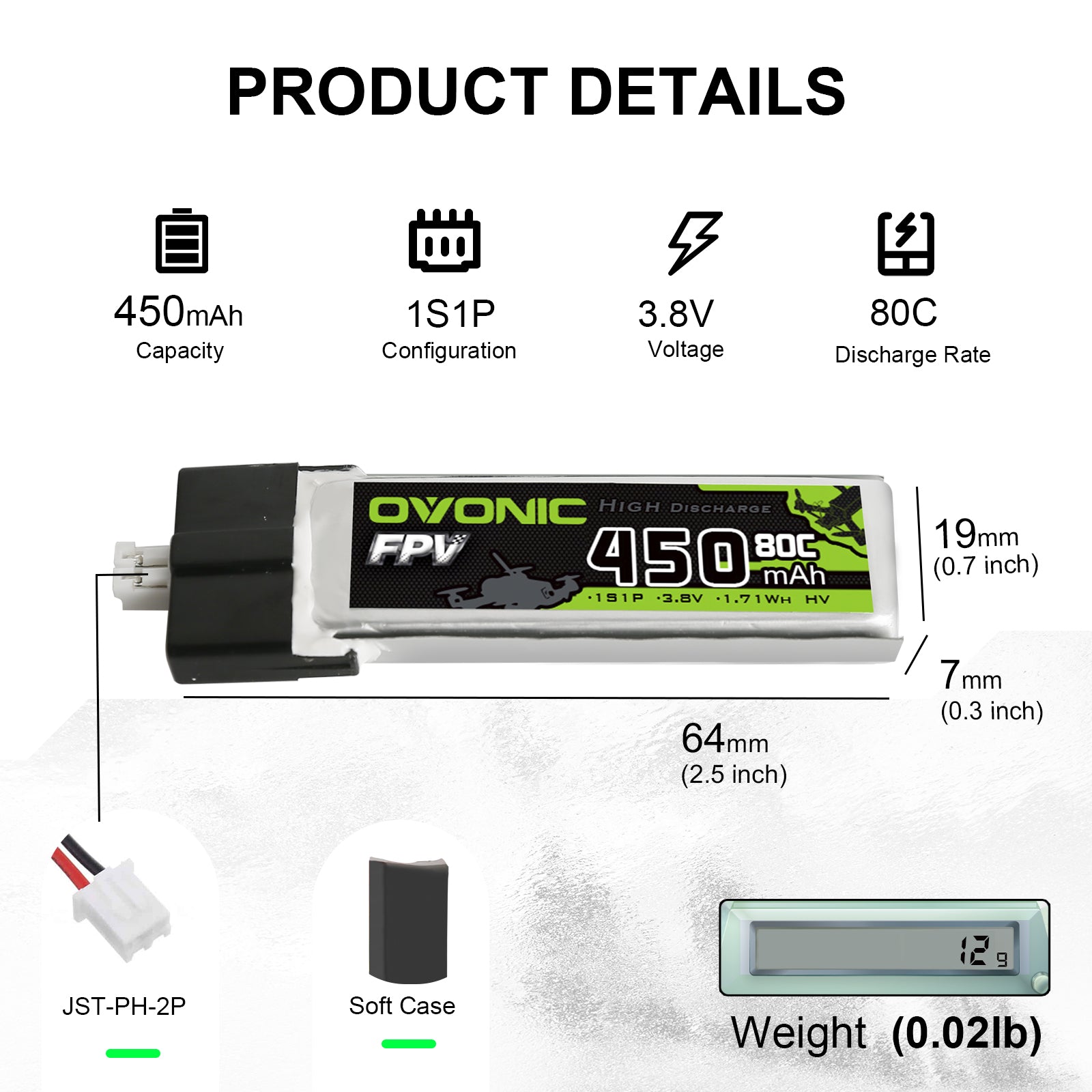 4×Ovonic 450mah 1S1p 3.8V 80C HV Lipo Battery Pack with JST PH2.0 for Blade Inductrix FPV