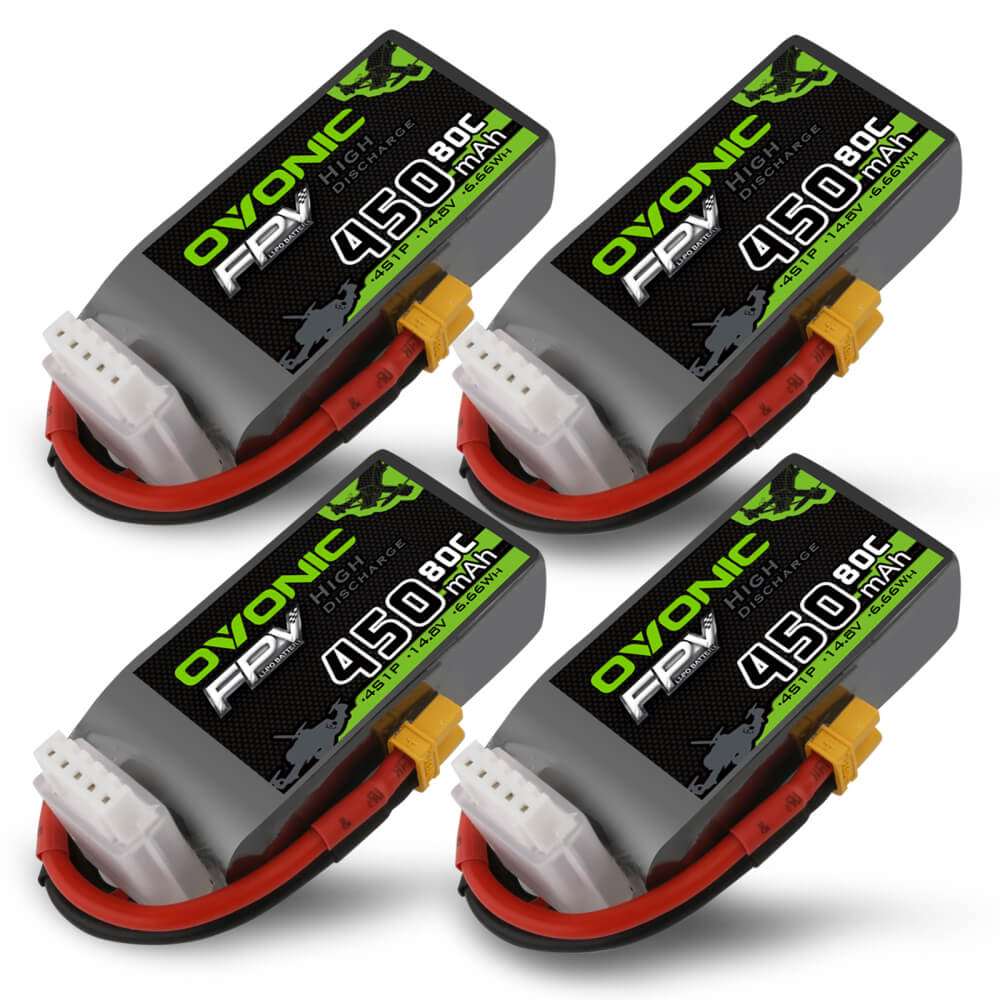 4×Ovonic 14.8V 80C 450mah 4S Lipo Battery with XT30 for whoop