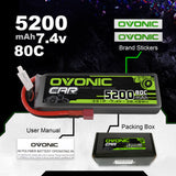 Ovonic 80C 2S1P 5200mAh 7.4V LiPo Battery for RC Car - Deans Plug