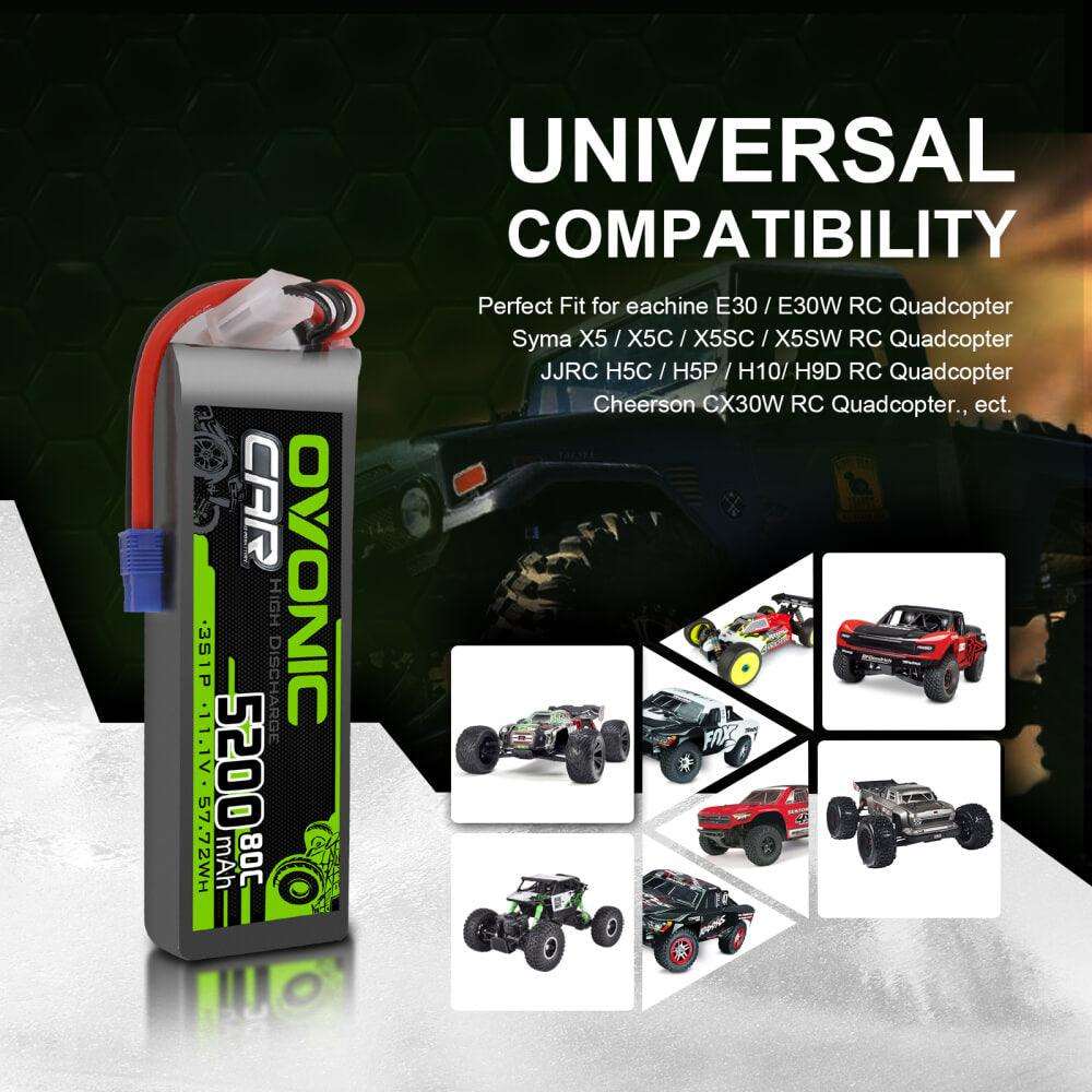 2x Ovonic 80C 3S1P 5200mAh 11.1V LiPo Battery for RC Car - EC3 Plug - Ampow