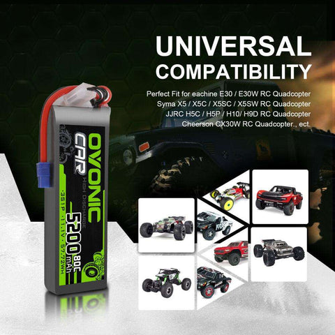 2x Ovonic 80C 3S1P 5200mAh 11.1V LiPo Battery for RC Car - EC3 Plug - Ampow