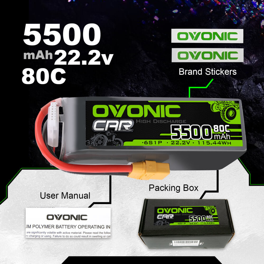 Ovonic 80C 6S 5500mAh LiPo Battery 22.2V with XT90 for RC 1/10 car