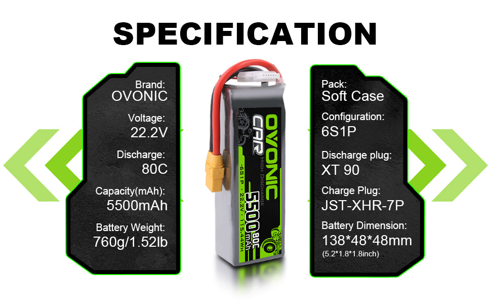Ovonic 80C 6S 5500mAh LiPo Battery 22.2V with XT90 for RC Car Airplane Heli