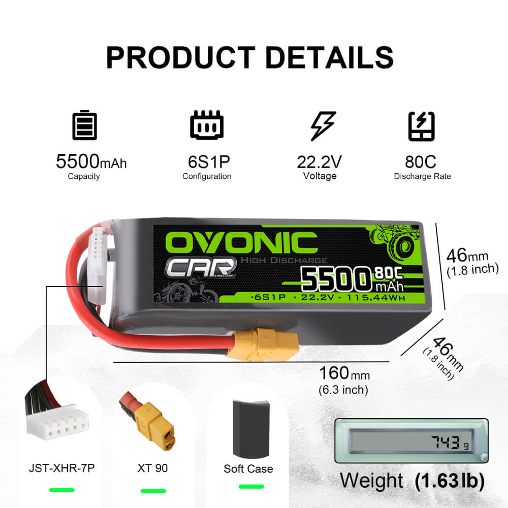 Ovonic 80C 6S 5500mAh LiPo Battery 22.2V with XT90 for RC crawler