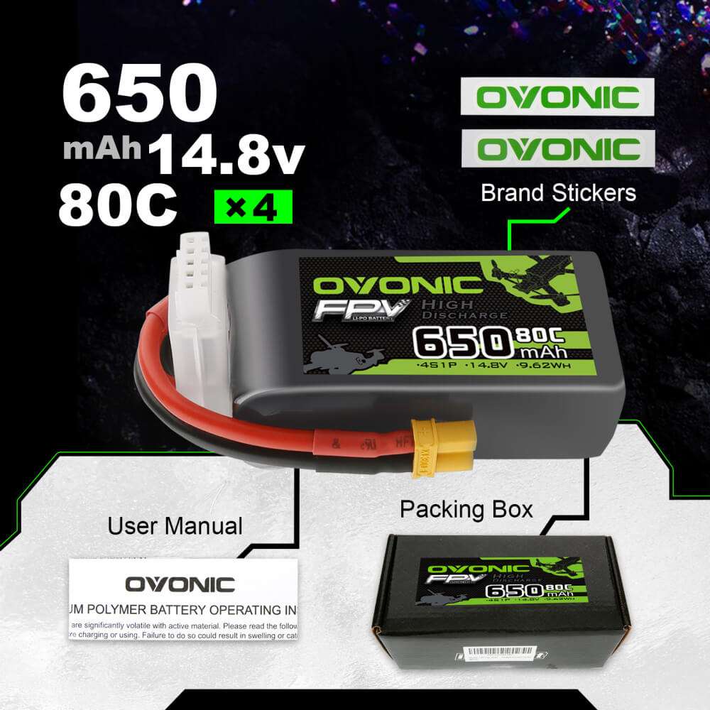 Ovonic 4S 650mah Lipo Battery 80C 14.8V Pack with XT30 Plug for FPV drone