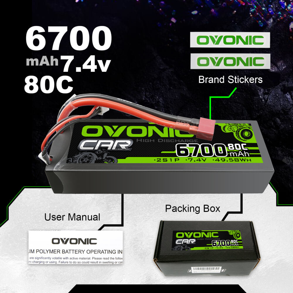 Ovonic 80C 6700mAh 2S 7.4V Hardcase LiPo Battery for RC 1/8 car
