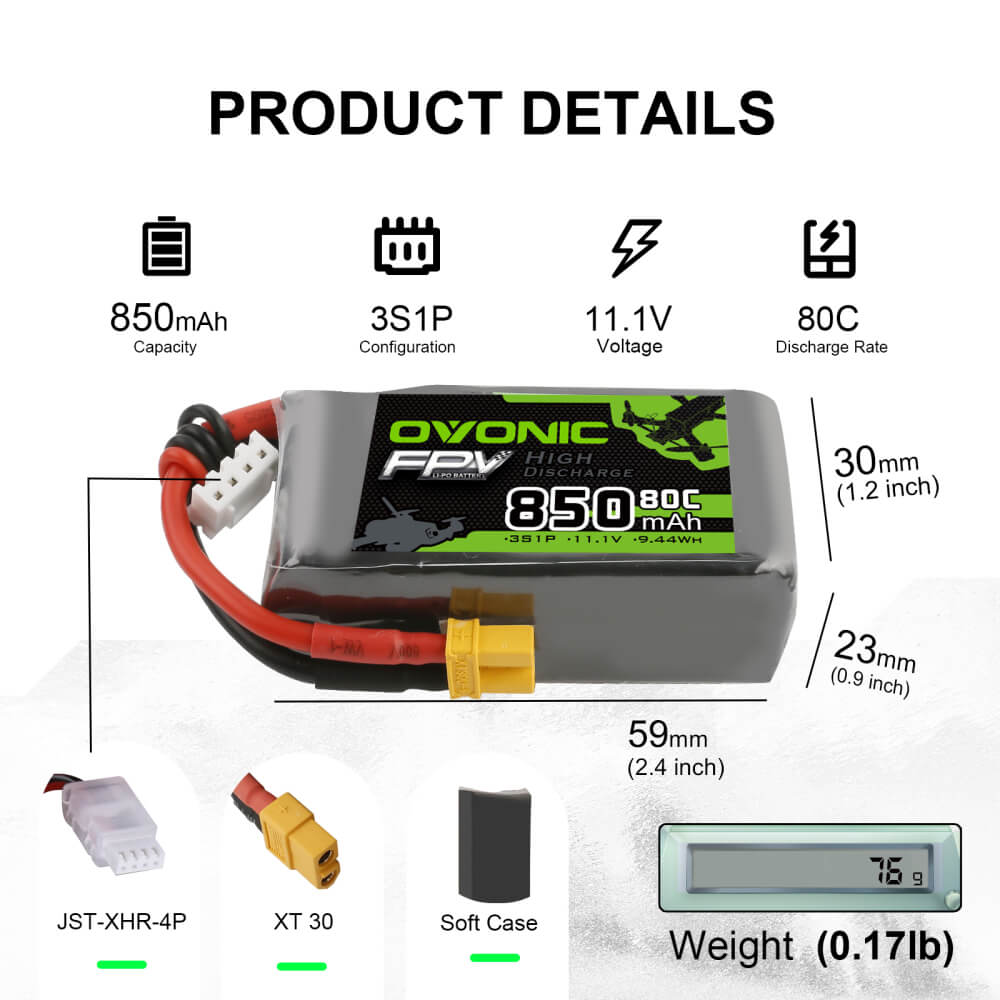 4×Ovonic 11.1V 850mAh 3S 80C Lipo Battery with XT30 Plug for FPV quadcopters