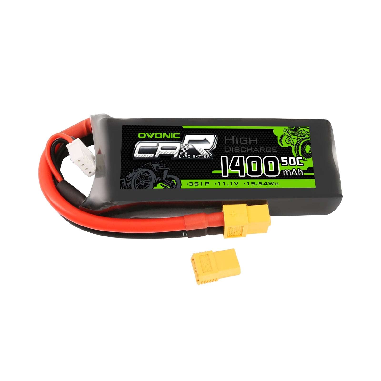 OVONIC 11.1V 1400mAh 3S 50C Lipo Battery with XT60 & Trx Plug for 1/16 Traxxas Cars - Ampow