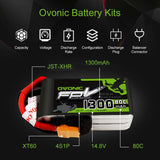 OVONIC 1300mAh 14.8V 4S 80C LiPo Battery Pack with XT60 Plug for FPV Quadcopter - Ampow