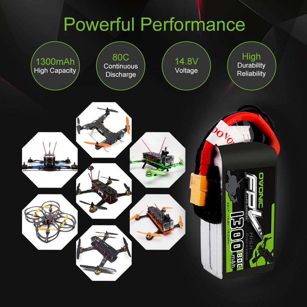 OVONIC 1300mAh 14.8V 4S 80C LiPo Battery Pack with XT60 Plug for FPV Quadcopter - Ampow