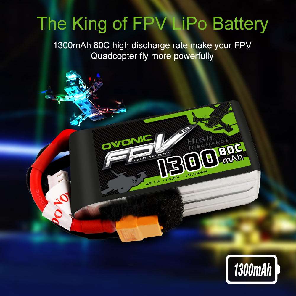 OVONIC 4S LiPo Battery Pack 1300mAh 80C 14.8V with XT60 Plug for Mini Drone