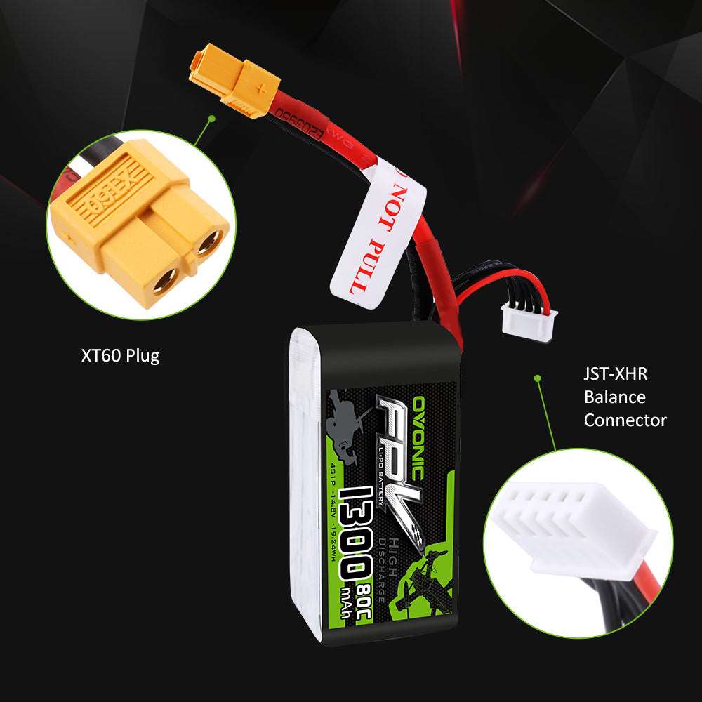 OVONIC 1300mAh 14.8V 4S 80C LiPo Battery Pack with XT60 Plug for FPV Quadcopter - Ampow