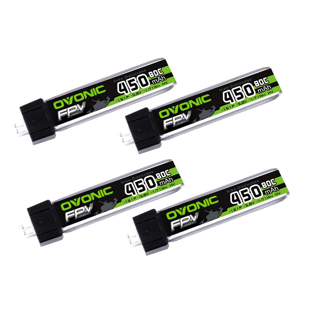 [4 Packs] Ovonic 450mah 1S1p 3.8V 80C HV Lipo Battery Pack with JST PH2.0 for Blade Inductrix FPV - Ampow