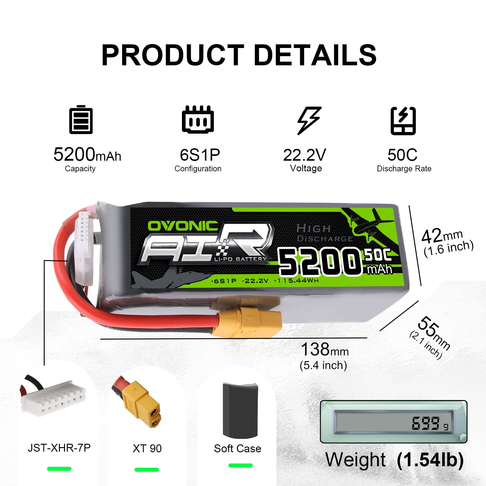 OVONIC 22.2V 5200mAh 6S 50C LiPo with XT90 Plug for X-Class Drone 1/8 1/10 Arrma 6S AIR Ovonic